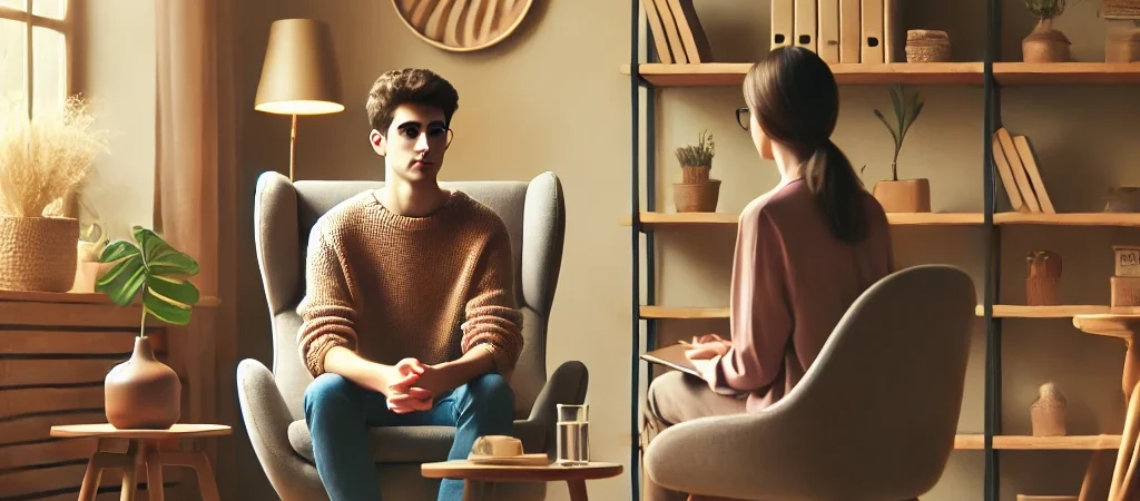 Dall·e 2025 03 24 04.38.31 a peaceful, modern therapy office with a soft lit, cozy atmosphere. a young adult is sitting across from a kind, attentive therapist in a comfortable